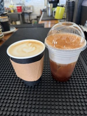 Large lavender latte with oatmilk and a freddo cappuccino. Two of our most-ordered.